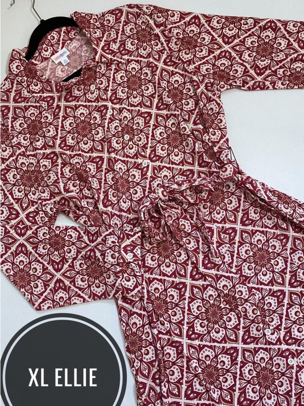 LuLaRoe Ellie Midi Dress in Red and Cream Geometric Tile Print